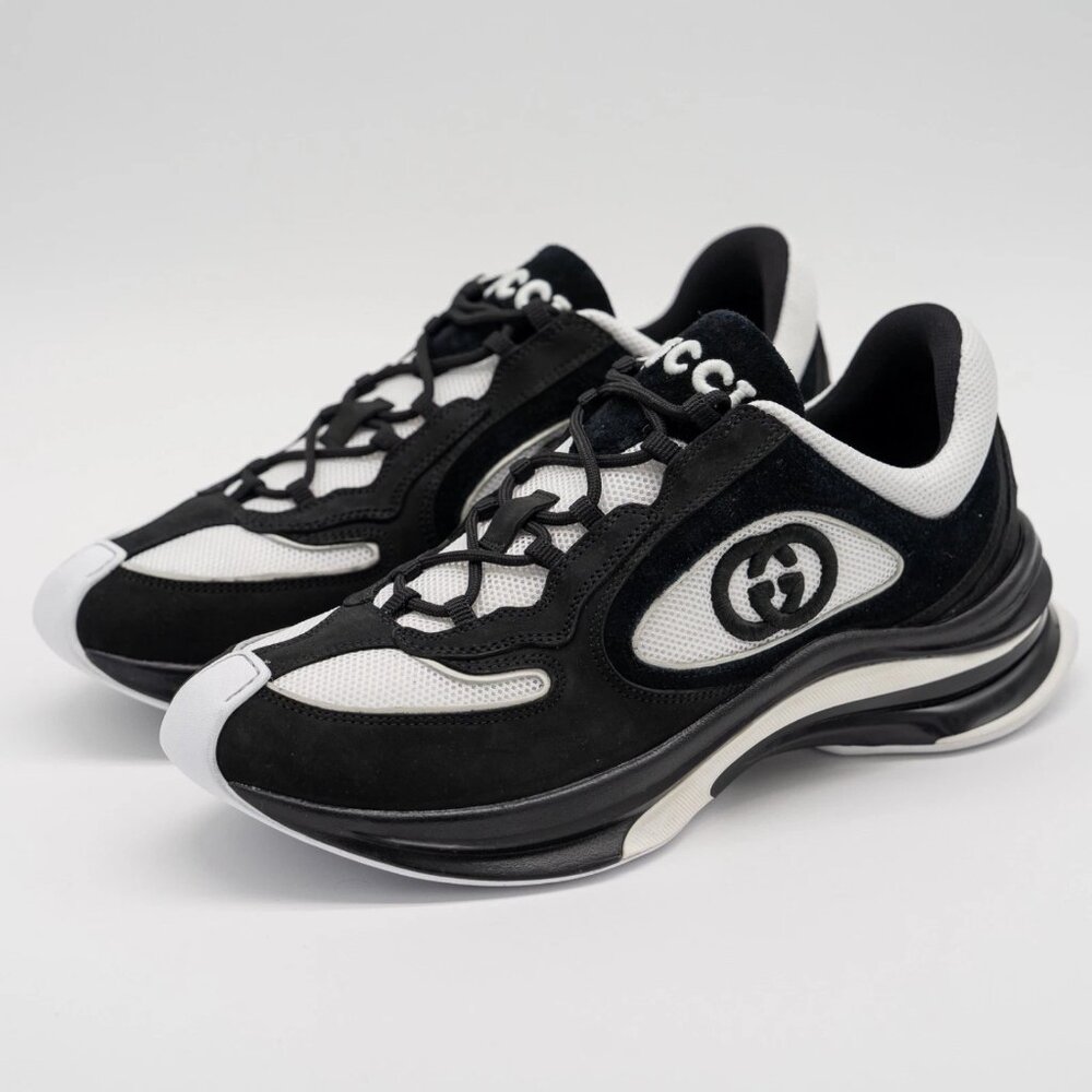 Gucci Run Sneakers Black White Suede Mesh GG Size UK 11 - Picture 1 of 8